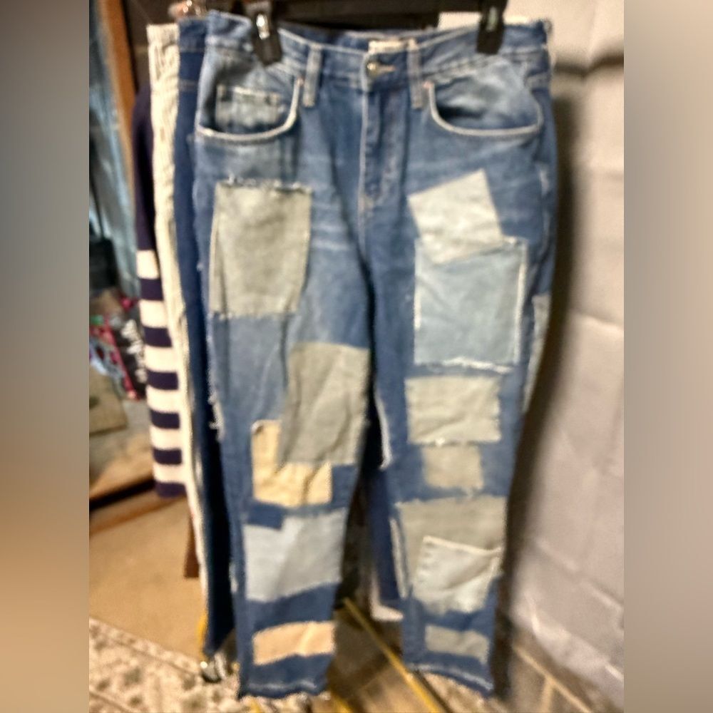 Free People Patchwork Straight Leg Jeans in Light Blue and Dark Blue - Picture 6 of 9
